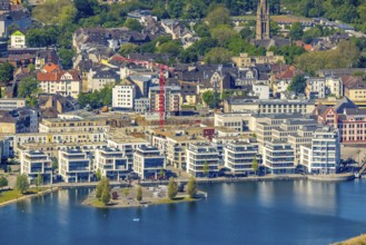 Aerial view, Promenade at Lake Phoenix, Kulturinsel, Aplerbeck, Dortmund, Ruhr area, North