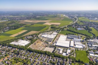 Aerial view, Schleefstraße industrial estate with construction site and new Bauhaus DIY store,