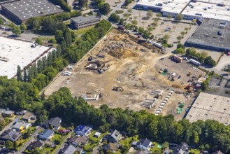Aerial view, Schleefstraße industrial estate with construction site and new Bauhaus DIY store,