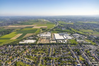 Aerial view, Schleefstraße industrial estate with construction site and new Bauhaus DIY store,