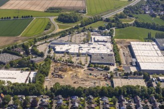 Aerial view, Schleefstraße industrial estate with construction site and new Bauhaus DIY store,