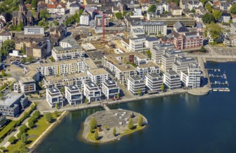 Aerial view, Phoenix Lake, cultural island with Thomas converter, Hörde, Dortmund, Ruhr area, North