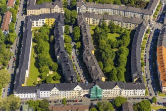 Aerial view, residential area with house facade renovation Neuer Graben and Althoffstraße in