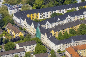 Aerial view, residential area with house facade renovation Neuer Graben and Althoffstraße in