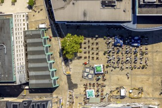 Aerial view, outdoor gastronomy Alter Markt with brass fountain, city, Dortmund, Ruhr area, North
