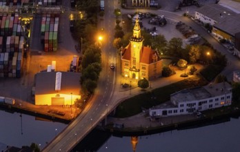 Aerial view, night view of Dortmund harbour, historic building old harbour office, coal port of the