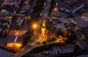 Aerial view, night view of Dortmund harbour, historic building old harbour office, coal port of the