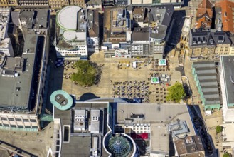 Aerial view, outdoor gastronomy Alter Markt with brass fountain, city, Dortmund, Ruhr area, North