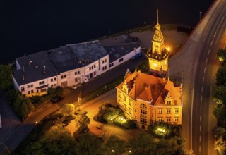 Aerial view, night view of Dortmund harbour, historic building old harbour office, coal port of the