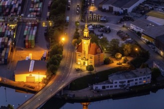Aerial view, night view of Dortmund harbour, historic building old harbour office, coal port of the