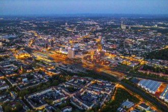 Aerial view, Dortmund main station and city centre, Dortmund U-Tower, city, Dortmund, Ruhr area,