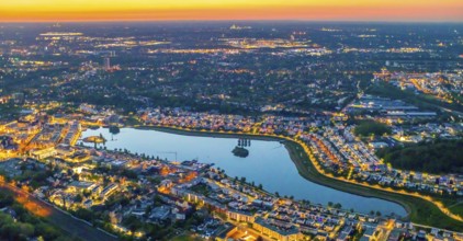 Aerial view, Phoenix Lake, Hörde, Dortmund, Ruhr area, North Rhine-Westphalia, Germany, sunset, DE,