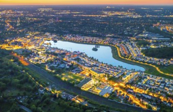 Aerial view, Phoenix Lake, Hörde, Dortmund, Ruhr area, North Rhine-Westphalia, Germany, sunset, DE,