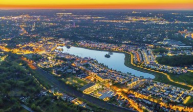 Aerial view, Phoenix Lake, Hörde, Dortmund, Ruhr area, North Rhine-Westphalia, Germany, sunset, DE,