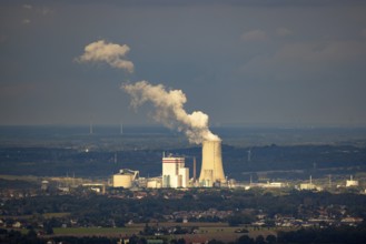 Aerial view, distant view to Trianel coal-fired power plant Lünen and smoke cloud with view from