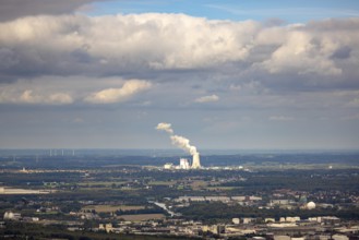 Aerial view, distant view to Trianel coal-fired power plant Lünen and smoke cloud with view from