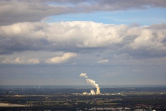 Aerial view, distant view to Trianel coal-fired power plant Lünen and smoke cloud with view from
