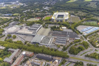 Aerial view, Signal Iduna Park Bundesliga stadium of BVB 09 and the Westfalenhallen in the Barop