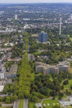 Aerial view, greened Rheinlanddamm with Signal Iduna headquarters, Westnetz GmbH building and