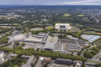 Aerial view, Signal Iduna Park Bundesliga stadium of BVB 09 and the Westfalenhallen in the Barop
