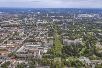 Aerial view, greened Rheinlanddamm B1 with Signal Iduna headquarters, Westnetz GmbH building and