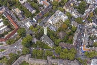 Aerial view, St. Nicolai Church in the Kreuzviertel in the Westfalenhalle district of Dortmund,