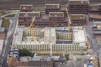 Aerial view, construction site and new construction of a residential complex at the Dortmund