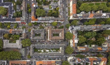 Aerial view, square residential complex in the Kreuzviertel in the Westfalenhalle district in