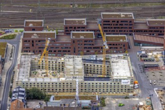 Aerial view, construction site and new construction of a residential complex at the Dortmund