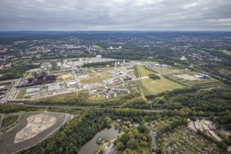 Aerial view, Phönix-West area with Hoesch Gasometer and Wilo Park in the district Hörde in