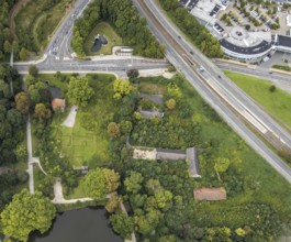 Aerial view, entrance with gatehouse at Rombergpark in the district Hörde in Dortmund, Ruhr area,