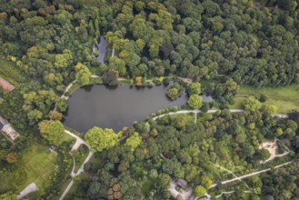 Aerial view, Rombergpark with lake in the district Hörde in Dortmund, Ruhr area, North
