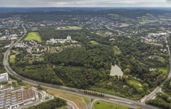 Aerial view, Rombergpark with lake in the district Hörde in Dortmund, Ruhr area, North