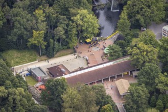 Aerial view, BVB 09 information stand and fans at the Flamingo Restaurant in Rombergpark in the