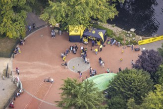 Aerial view, BVB 09 information stand and fans at the Flamingo Restaurant in Rombergpark in the