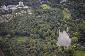 Aerial view, Rombergpark with lake in the district Hörde in Dortmund, Ruhr area, North