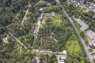 Aerial view, The moor heath landscape and the administration building in Rombergpark in the