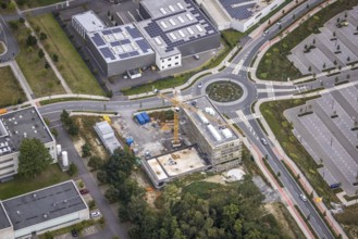 Aerial view, Phönix-West area with construction site for new building at the roundabout