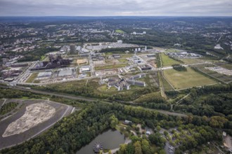 Aerial view, Phönix-West area with Hoesch Gasometer and Wilo Park in the district Hörde in