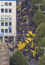 Aerial photo, BVB fans on their way to the BVB 09 football match in the City district of Dortmund,