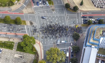 Aerial photo, BVB fans on their way to the BVB 09 football match in the City district of Dortmund,