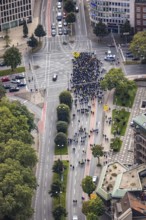 Aerial photo, BVB fans on their way to the BVB 09 football match in the City district of Dortmund,