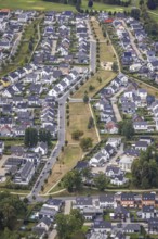 Aerial view, housing estate with tree avenue and air corridors between Theodor-Blank-Allee and