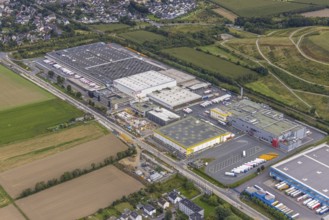 Aerial view, commercial area Brackeler Hellweg and construction site with new building in the