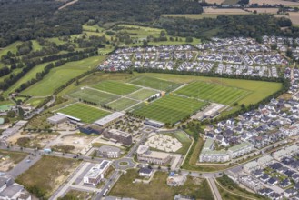 Aerial view, BVB Borussia Dortmund training ground with construction site in the district Brackel