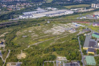 Aerial view, brownfield site at the Flurstraße of the old Westfalenhütte in the district