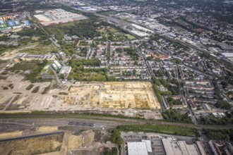Aerial view, construction site at the old Westfalenhütte in the district Nordmarkt in Dortmund,