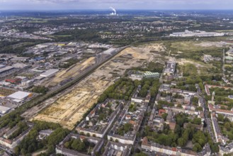 Aerial view, construction site at the old Westfalenhütte in the district Borsigplatz in Dortmund,