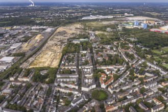 Aerial view, construction site at the old Westfalenhütte in the district Borsigplatz in Dortmund,