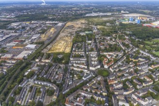 Aerial view, construction site at the old Westfalenhütte in the district Borsigplatz in Dortmund,